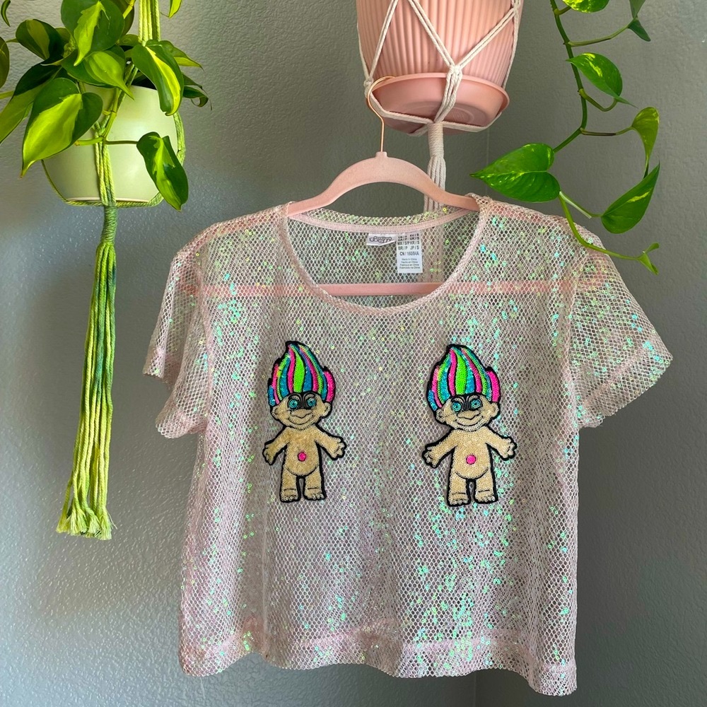 Good Luck Trolls | Sequin Mesh Crop Top | Small